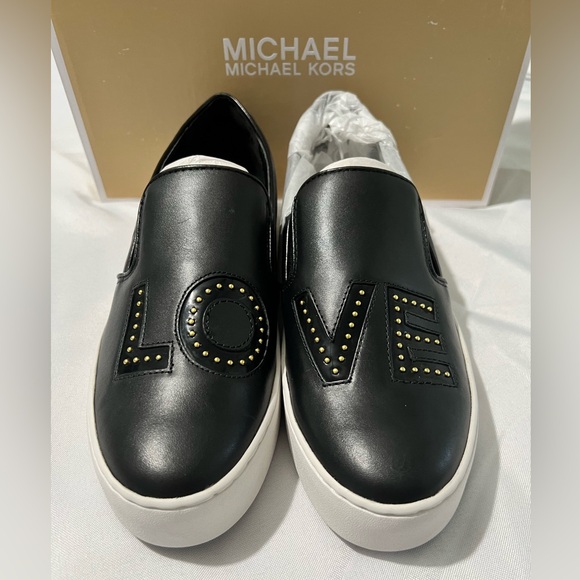 Michael Kors Trent LOVE leather slip on wedge loafer sneaker black size 9.5 - Picture 3 of 12